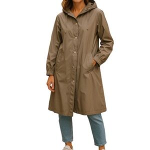 VINTAGE Mulberry Street Tan Nylon Long Trench Coat Hood Pockets Puff Shoulder 8